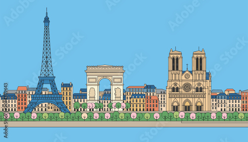 Beautiful vector illustration of the Paris skyline featuring the Eiffel Tower, Arc de Triomphe, and Notre Dame.