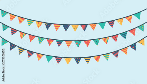 Festive decoration featuring three rows of colorful triangle bunting garland flags hanging on a blue background.
