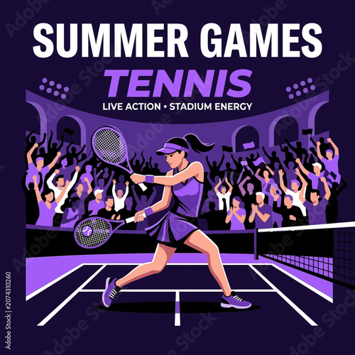 Energetic Tennis Player In Action During Summer Games Stadium Match