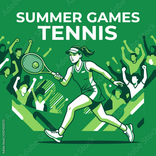 Energetic Tennis Player In Action During Summer Games Competition Vibrant Crowd