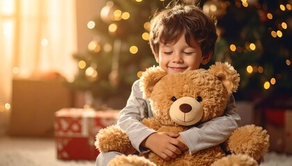 Child Hugging a Large Teddy Bear in Front of a Christmas Tree with Gifts on a Winter Holiday