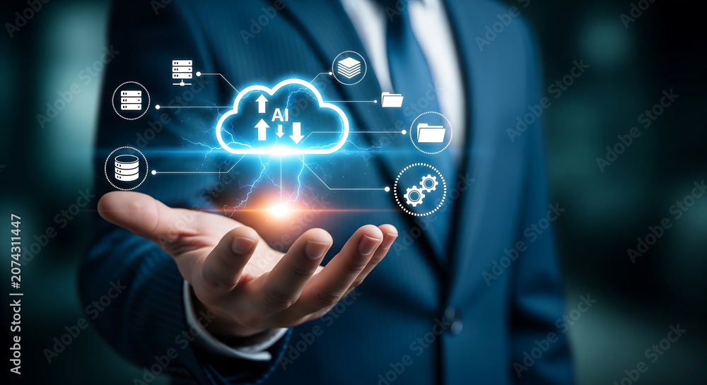 Fototapeta premium Businessman's outstretched palm holding a glowing AI cloud computing interface with connected data icons, perfect for tech marketing, cloud service promotion, enterprise digital transformation