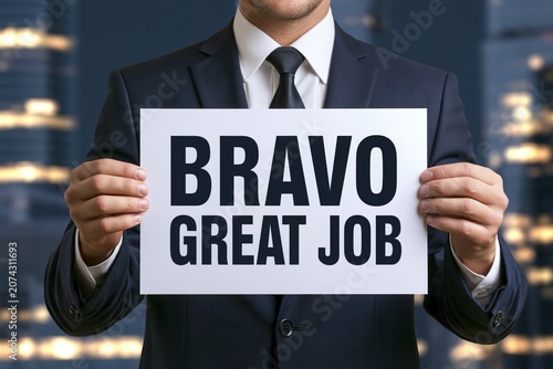 Businessman displaying bravo great job text on paper at nighttime