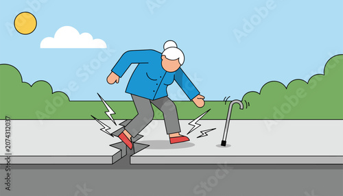 Elderly woman tripping on a cracked sidewalk with her walking cane falling to the side, representing senior citizens accident risk.