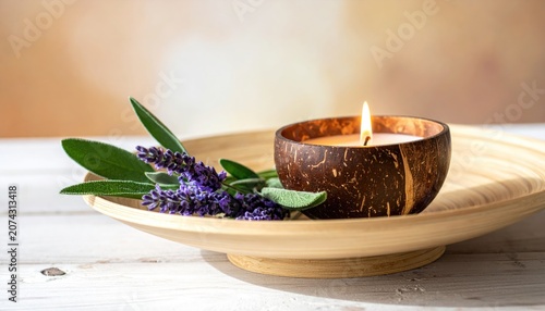 Aromatic candle and lavender on wooden plate for relaxation and spa concepts