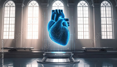 Digital heart hologram displayed in a futuristic interior with dramatic lighting