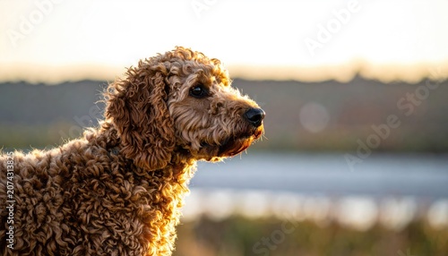 Golden doodle dog silhouette in natural light against a blurred landscape