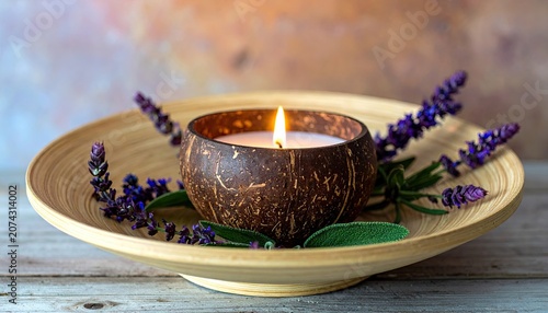 Lit candle in wooden bowl with lavender for relaxation and meditation