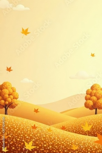 Autumnal Landscape Featuring Golden Hills and Trees with Falling Leaves
