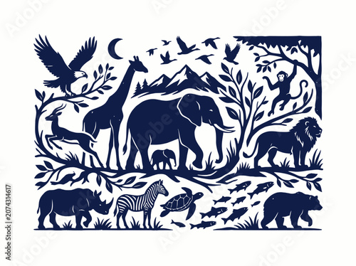 Photography Blue woodcut style illustration featuring diverse wild animals