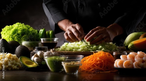 Professional chef preparing fresh salad and vegetable ingredients.