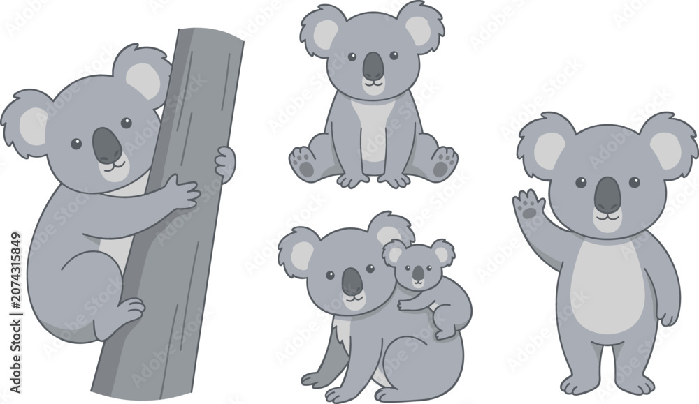 Αυτοκόλλητο Cute Koala Bear Cartoon Vector Illustration Set Featuring Climbing Sitting Wavin