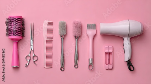 Professional hair salon equipment organized on pink backdrop.