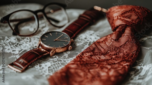 Professional men's watch, red tie, and glasses.