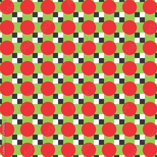 Optical Illusion Pattern with Red Circles and Checkered Squares.