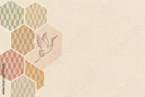 Elegant Japanese Washi Background with Kumiko Pattern Hexagons and Flying Crane, Minimal Traditional Design with Copy Space