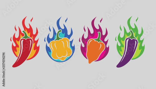 Row of four hot chili peppers in different colors like red, yellow, orange, and purple, each engulfed in vibrant flames.