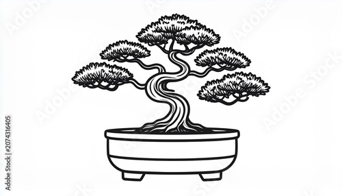 A bonsai tree sits in a pot on a table indoors.