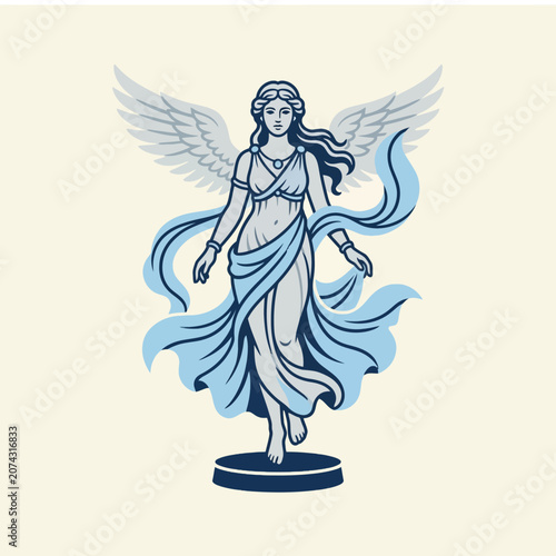 Obraz na plátně A blue winged goddess statue stands on a dark pedestal