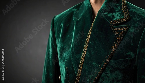 Profile of green velvet blazer with gold trim.