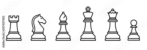 Chess pieces line icons set with king queen rook knight bishop pawn outline vector