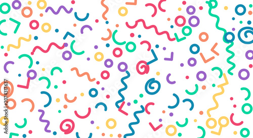 Colorful confetti and party streamers falling on a transparent grid background, celebration and fun abstract pattern.