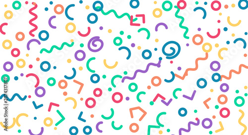 Scattered party elements including confetti dots, wavy streamers and geometric shapes on a transparent grid.