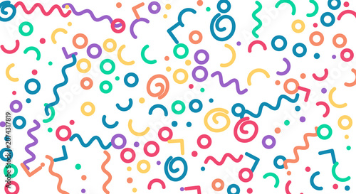 A cheerful abstract background with scattered colorful confetti, streamers, and geometric shapes on transparent grid.