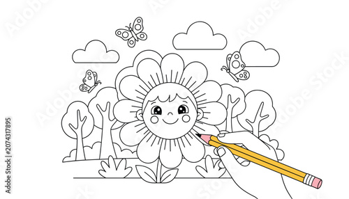 Hand coloring a cute drawing of a smiling flower and butterflies in a forest using a yellow pencil on white paper.