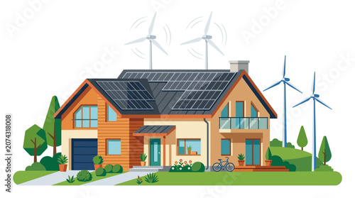 Eco-friendly house with solar panels and wind turbines, sustainable energy concept