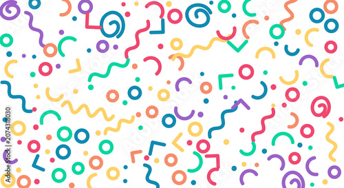 Assorted colorful confetti and shapes on transparent background, vibrant festive party elements.