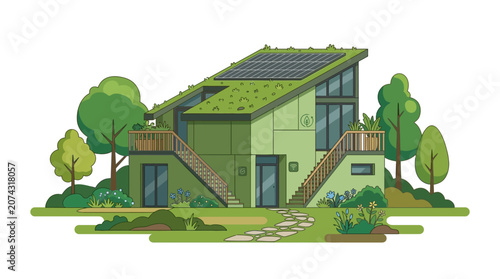 Eco-friendly modern house with green roof, solar panels, and lush garden