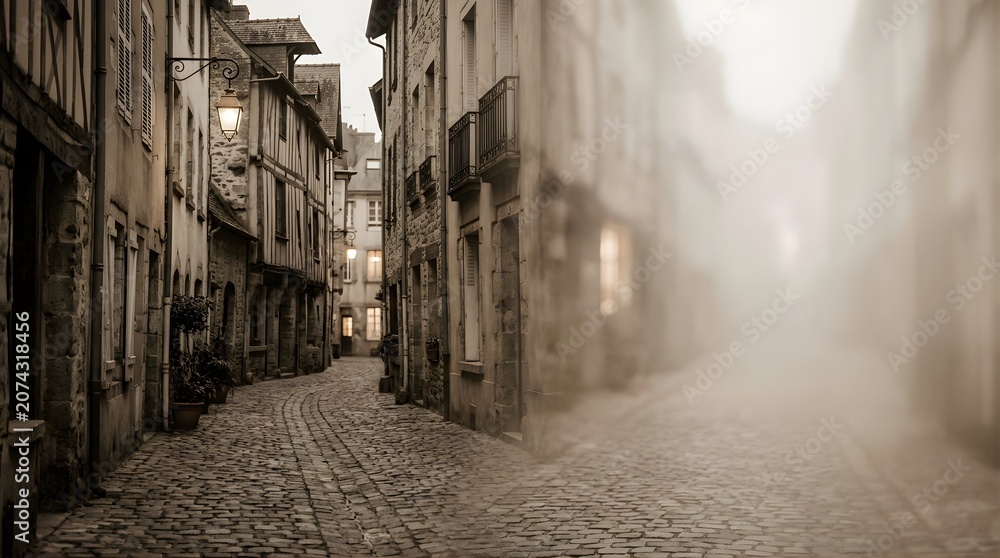 Fototapeta premium Sepia toned narrow medieval alleyway in France fading into thick fog
