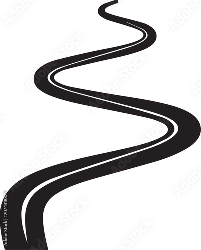 Winding black asphalt road with white markings isolated on transparent background