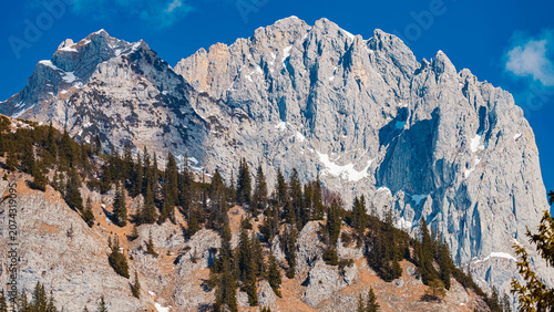Alpine spring view at Wochenbrunner Alm, Mount Wilder Kaiser, Ellmau, Kufstein, Tyrol, Austria