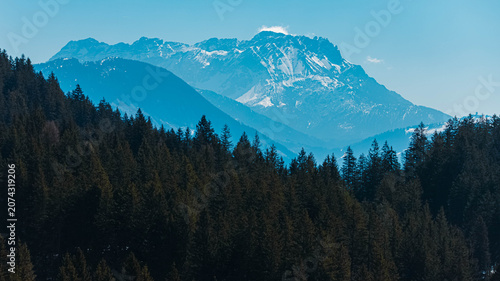 Alpine spring view at Wochenbrunner Alm, Mount Wilder Kaiser, Ellmau, Kufstein, Tyrol, Austria