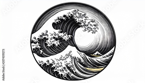 A powerful wave crashes against the shore near a mountain