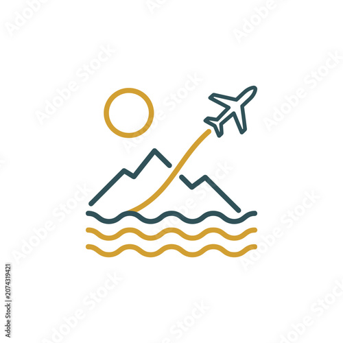 Minimalist travel icon showing an airplane flying over mountains