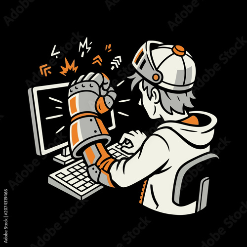 Gamer in a knight gauntlet raises a fist at the computer