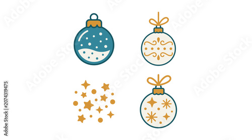 Set of decorative holiday ornaments with festive golden stars