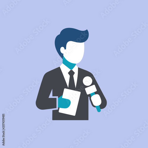 Professional male news reporter icon with microphone and notepad