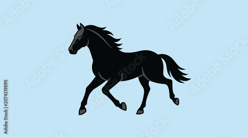Bild auf Leinwand A black horse runs across a solid light blue background