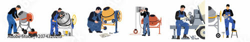 Set of flat illustrations showing a mechanic in overalls repairing and maintaining a concrete mixer using various tools and equipment.