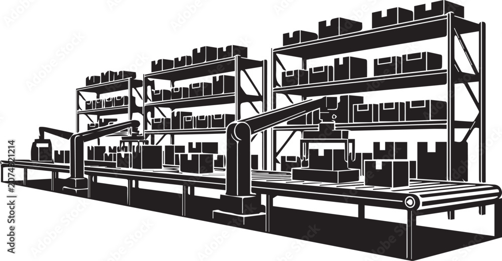 Fototapeta premium Industrial conveyor belt system with shelving units and machinery isolated on transparent background