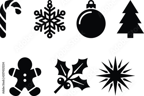 Black Christmas icons including tree ornament candy and gingerbread man