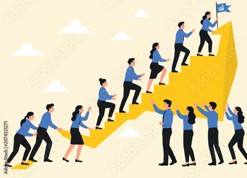 Business people climbing up a large yellow arrow on beige background with clouds