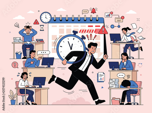 Business people working at office desks feeling stressed and overwhelmed by deadlines  time management