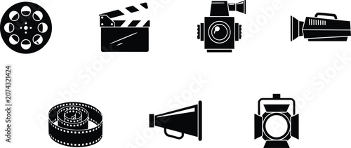 Collection of film and photography equipment icons on white background