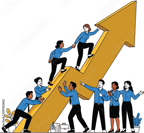 Group of business people climbing up a giant arrow together