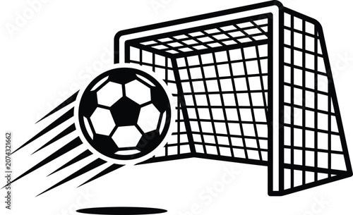 Soccer ball flying into goal net with motion lines  action scene